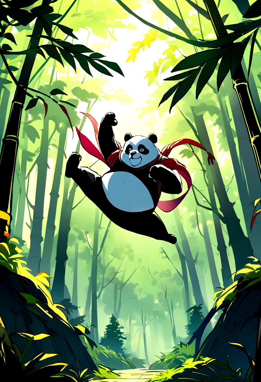 kungfu Panda，Holding a long bamboo，Background forest