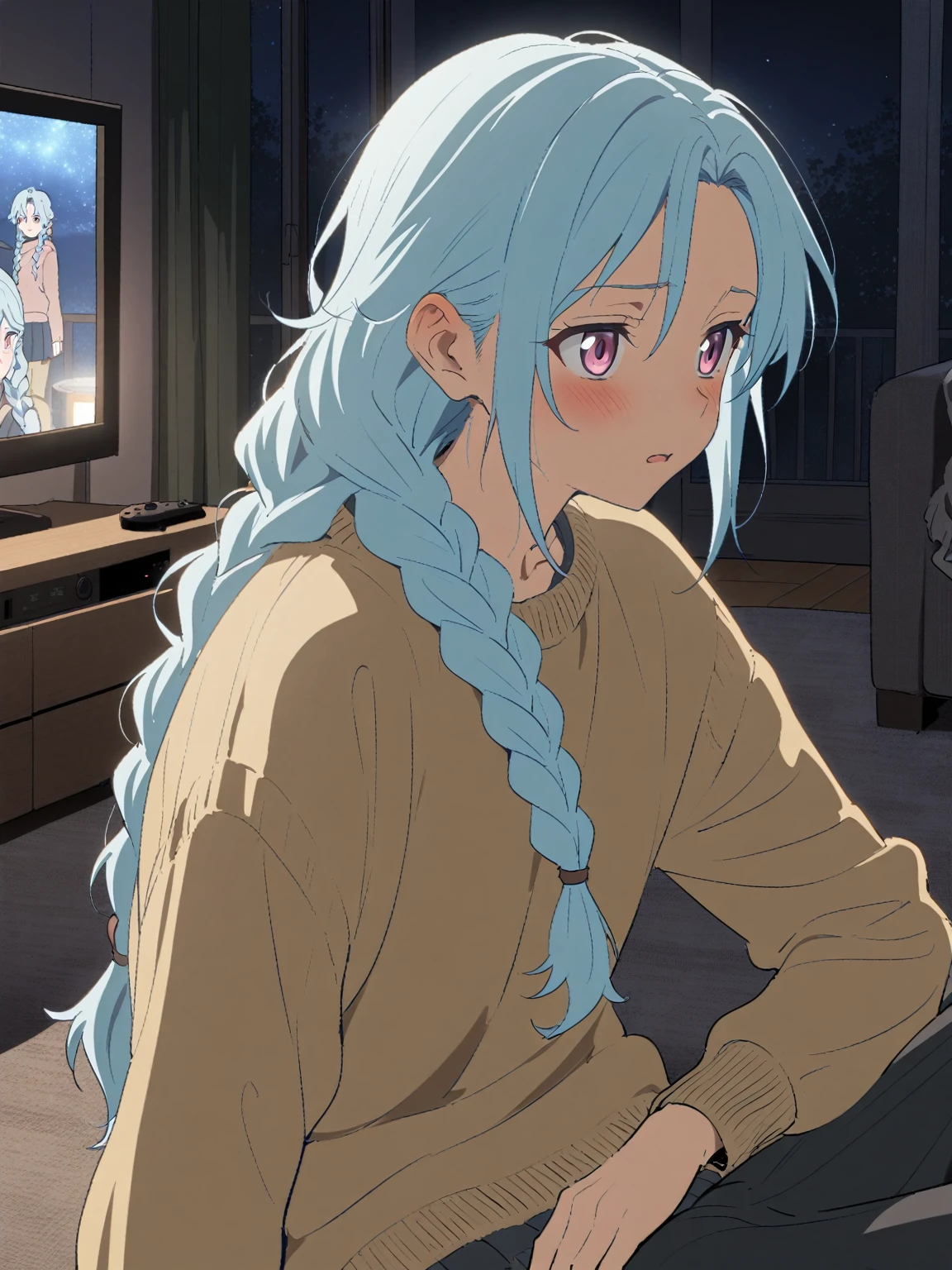 {{upper body}} {{Artist: sincos}} 1boy, mature male, light blue hair, long hair, braided hair, pink eyes, half-lidded, androgynous, sweater, skirt, indoors, living room, night, sitting, watching movie, pov