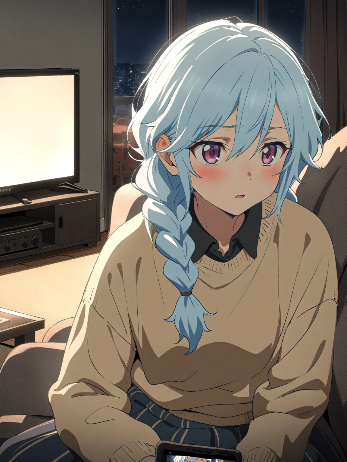 {{upper body}} {{Artist: sincos}} 1boy, mature male, light blue hair, long hair, braided hair, pink eyes, half-lidded, androgynous, sweater, skirt, indoors, living room, night, sitting, watching movie, pov