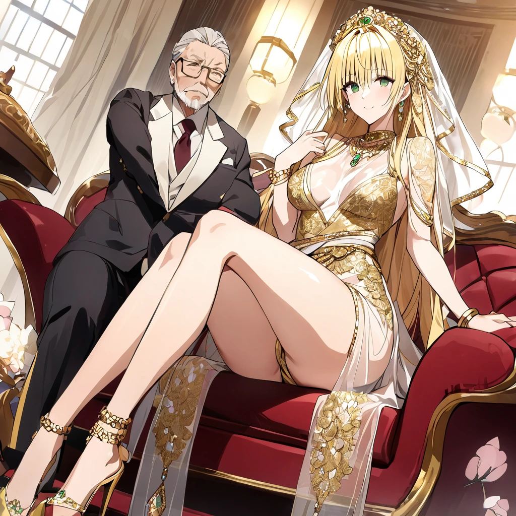 ((Highest quality)), ((masterpiece)), (detailed), (Perfect Face)、The woman was a tiare with green eyes and medium-long blonde hair, and was wearing a luxurious, shiny, gold-colored, long-slit see-through dress with gorgeous embroidery and trim, which allowed her skin to show through, a gold-colored see-through cape, and a gold-colored see-through veil. She was wearing a gorgeous jeweled hair accessory, a jeweled head dress chain, a jeweled waist chain, a gorgeous necklace, bracelets, ankle bracelets, jeweled earrings, and shiny gold boots. She was also wearing an engagement ring.、The woman is sitting on a luxurious sofa in a luxurious room with her 16-year-old daughter and a man, enjoying a family gathering.、The man is a dignified, bearded, elderly man of great wealth, wearing luxurious clothing with gold embroidery and trim.、The , who resembles the woman, is wearing the same clothes as the woman and hugging her mother.