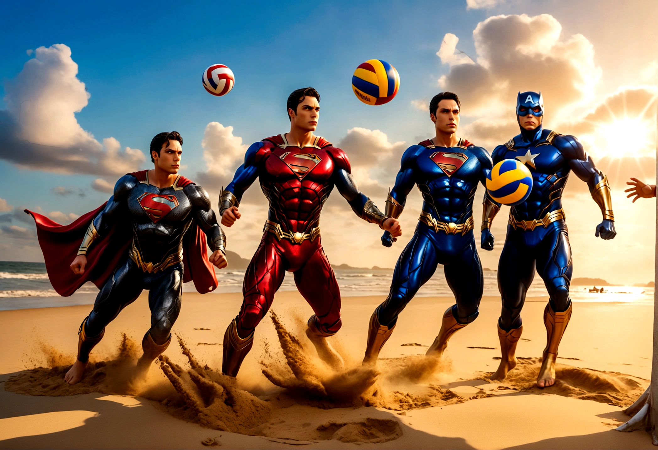 a group of superheroes playing volleyball on a beach, DC justice league vs marvel avengers, 5 players per team, relaxing super costumes, (best quality,4k,8k,highres,masterpiece:1.2),ultra-detailed,(realistic,photorealistic,photo-realistic:1.37),dramatic lighting, beautiful detailed eyes, beautiful detailed lips, extremely detailed eyes and face, long eyelashes, muscular athletic bodies, flying sand, ocean waves, golden sunset sky, vibrant colors, dramatic action poses