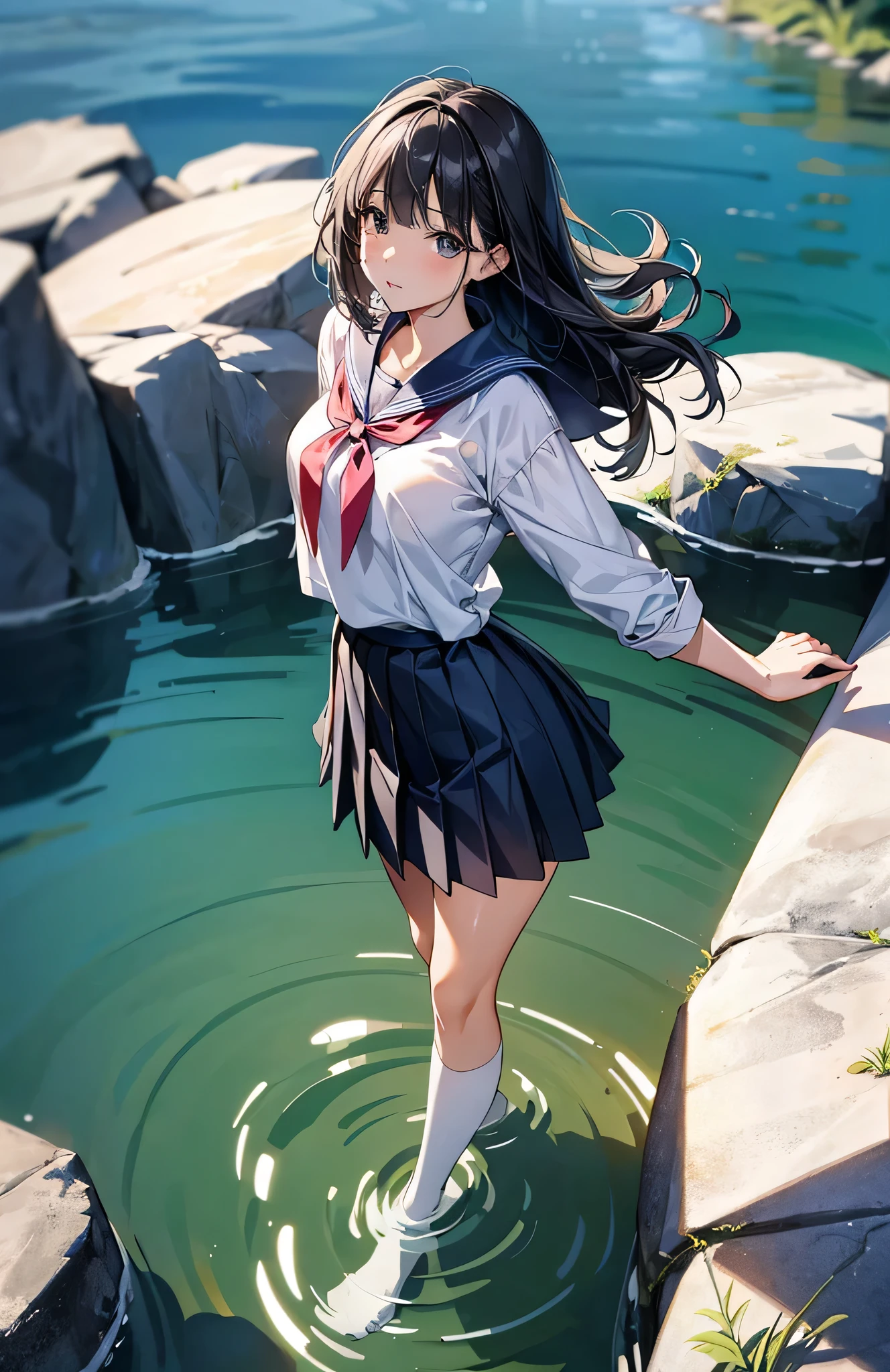 work of art、highest quallity、high resolution, open air, high-quality images、8K, Crystal clear image quality、1womanl、shot from above、Fine white skin glow、Skin and clothing texture、真实感,Perfect line drawing, beautiful line art,(thin beautiful legs)wet feet、cinched waist、((Photo of a woman's lower body))、Navy blue pleated skirt、black thigh-high socks、cute posture、standing in the river、Ankle-high river、