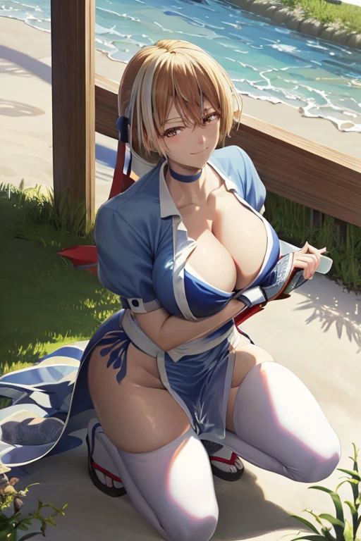 masterpiece, best quality, beautiful art, high resolution, well formed hands, body and fingers, 1 woman, solo, Hououji Akane, hair ornament,  adult, grown up, big ed, cleaval body, braided long hair, blue_japanese_clothes, wearing DOA Kasumi's blue kunoichi dress, sexy and skimpapanese clothes, kimono peek, sleeveless, white stockings, gorgeous legs and thighs, fighting in a combat match, showing her fighting skills, making her guard, about to hit the viewer, looking at the viewer,   sweating, bouncing breasts, smiling y and brightly, being confident and proud, action and fighting scene, fighting cage on beach environment ,fighting in a combat match, showing her fighting skills, making her guard, about to hit the viewer, looking at the viewer,   sweating, bouncing breasts, smiling joyfullrightly, being confident and proud, action and fighting scene, fighting cage on beach environment     