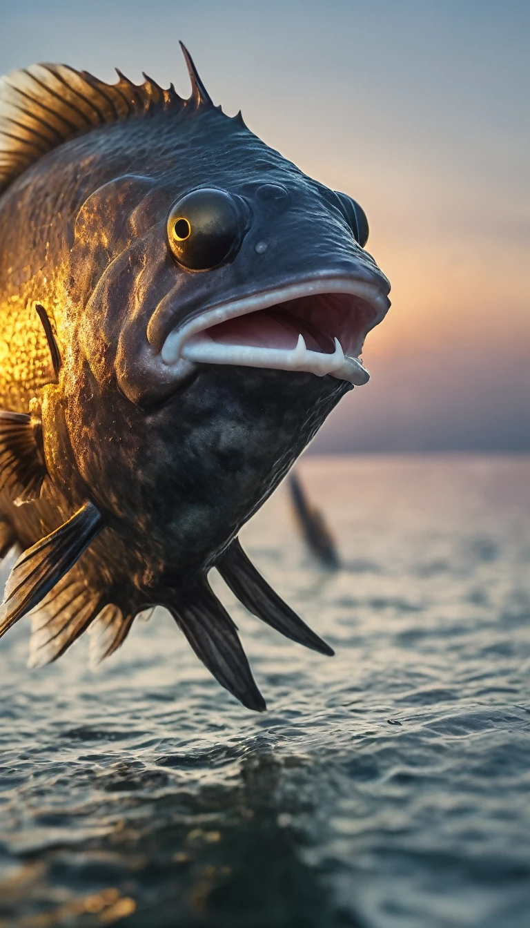 A close-up of the anglerfish's face with its glowing lure, background dark sun, hyper realistic, ultra detailed hyper realistic, photorealistic, Studio Lighting, reflections, dynamic pose, Cinematic, Color Grading, Photography, Shot on 50mm lens, Ultra-Wide Angle, Depth of Field, hyper-detailed, beautifully color, 8k