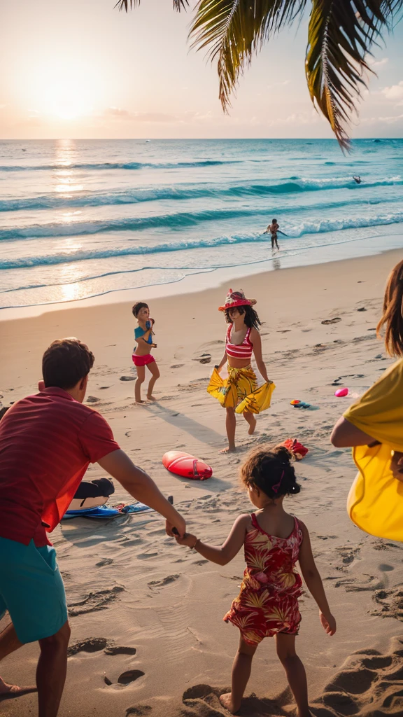 "A lively beach party scene with people swimming, surfing, playing beach ball, building sandcastles, food stalls, and live music. Include a person using a red and white striped beach towel, kids playing with a yellow beach ball, a person wearing a Hawaiian shirt, and a dog."
