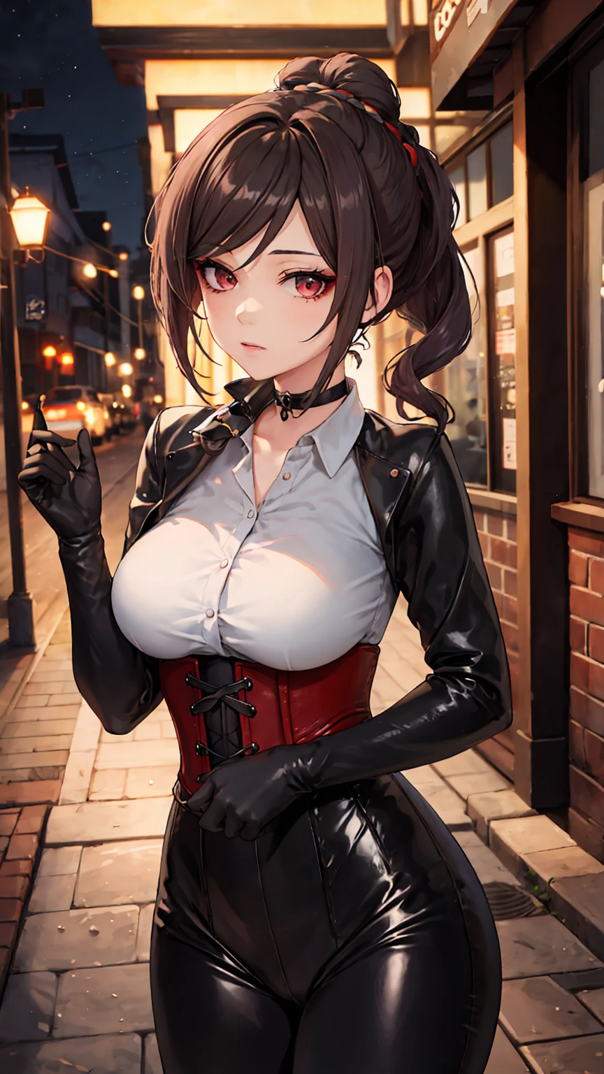 1 girl, Chiori \(genshin impact\), Alone, choker:1.6, White long sleeve shirt with long sleeve collar, black leather corset, black gloves that cover your hands, shiny black leggings, looking at the viewer,, inside, depth of field, expressionless, alley, at night