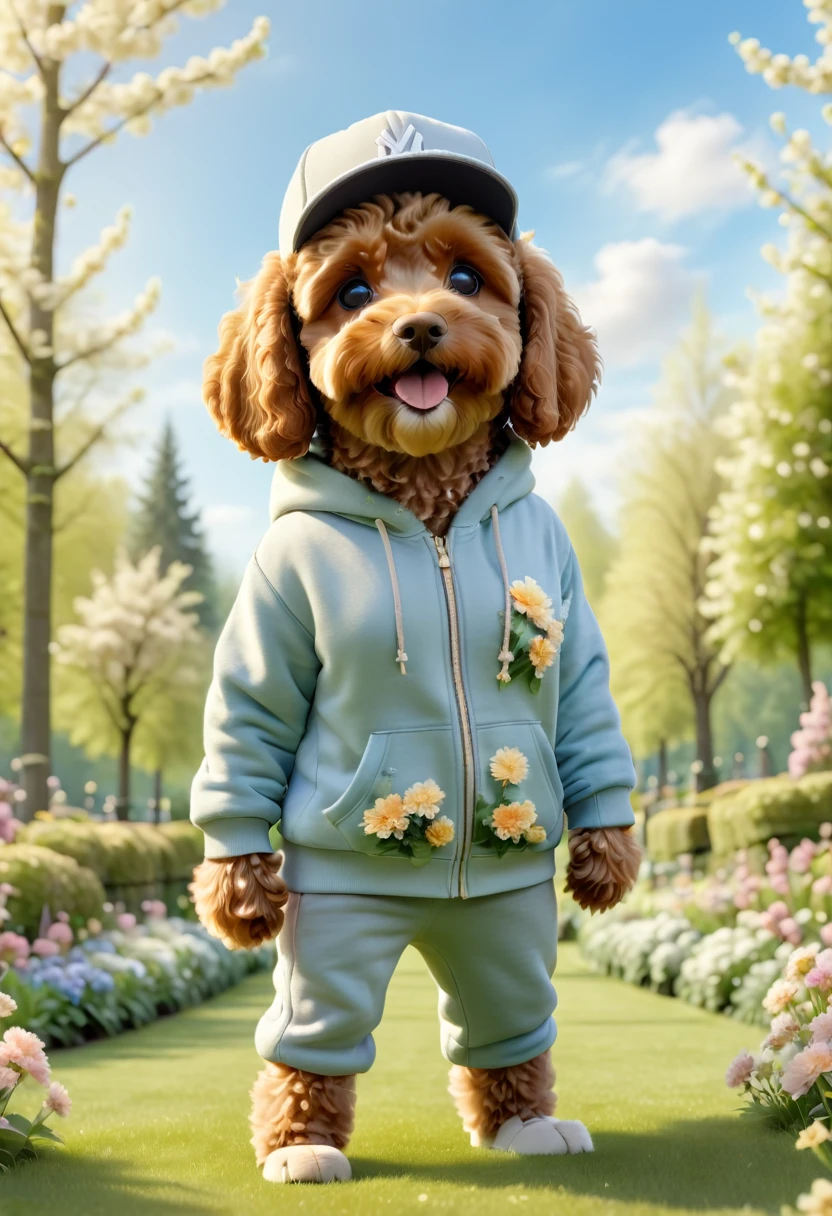 A cute brown Cavapoodle with fluffy fur wearing an urban outfit, one hoodie, and a stylish baseball cap, standing on its hind legs in a lush green park with blooming flowers and trees. The background is natural and organic, with a sunny day and clear blue sky. Adorable Digital Painting, 3D rendered, bright lighting, vibrant colors, outside in the daytime