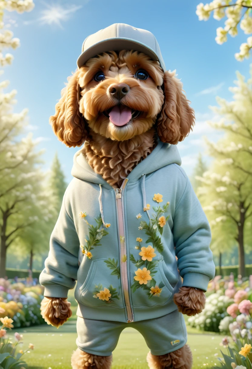 A cute brown Cavapoodle with fluffy fur wearing an urban outfit, one hoodie, and a stylish baseball cap, standing on its hind legs in a lush green park with blooming flowers and trees. The background is natural and organic, with a sunny day and clear blue sky. Adorable Digital Painting, 3D rendered, bright lighting, vibrant colors, outside in the daytime