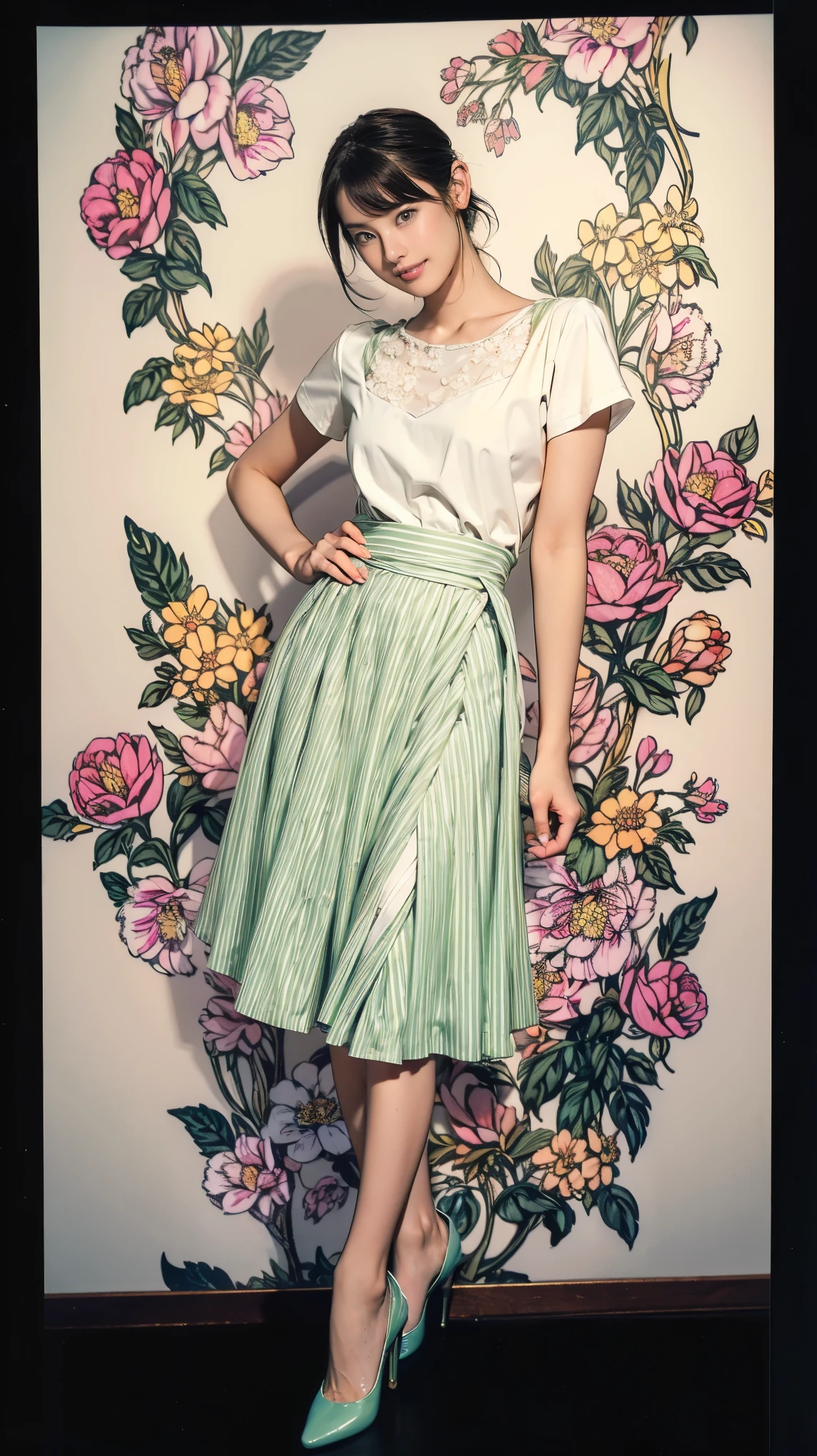 ((masterpiece)),(((Highest quality))),Thin thighs,Long legs,whole body:1.5，(One Girl:1.3),(Black high heels：1.3),(Wearing a floral striped mid-long flared skirt dress:1.2),Short blonde hair:1.2、Model pose with legs spread wide:1.5