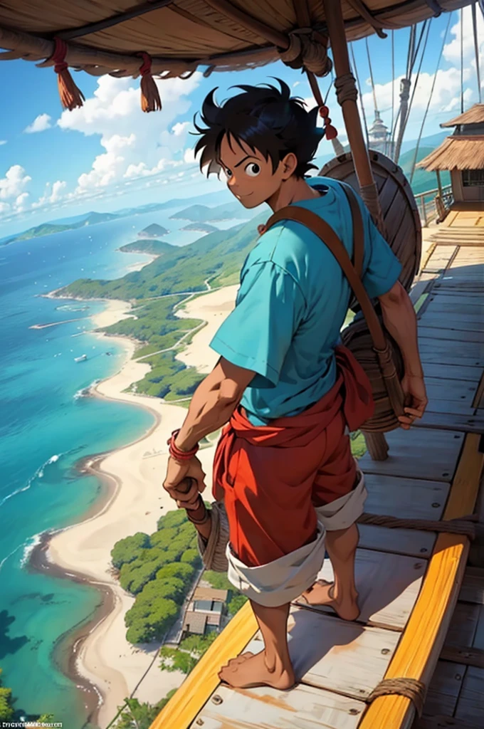 luffy standing on going merry ship deck looking a map that is in his left hand and pointing his right hand flinger to an island where he is heading towards that island should be in 2d