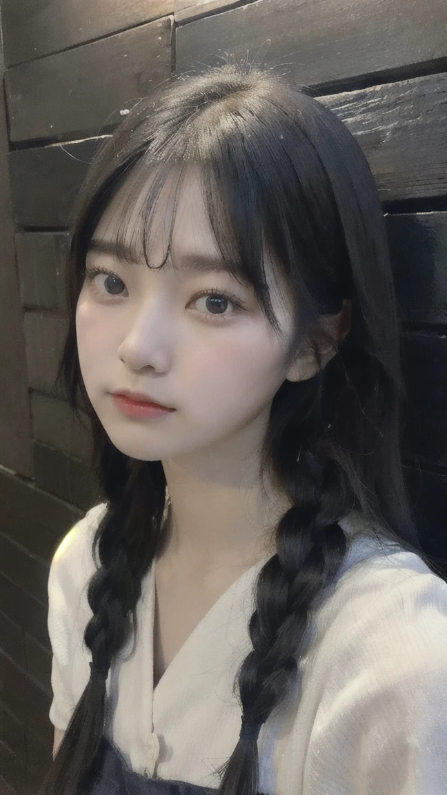 Portrait of a young East Asian girl in a navy blue and white sailor-style . She has long black hair styled in two braids, with straight bangs across her forehead. The girl has large, dark eyes and a small, delicate nose. Her expression is neutral, looking directly at the camera. The background shows a dark blue wooden wall with some green ivy or vine leaves visible to the side. The lighting is soft and natural, creating a slightly moody atmosphere. High-resolution image with sharp focus on the face