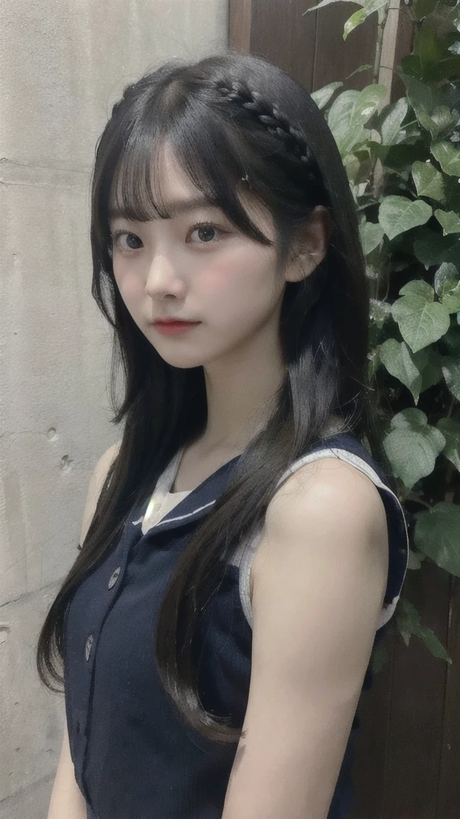 Portrait of a young East Asian girl in a navy blue and white sailor-style . She has long black hair styled in two braids, with straight bangs across her forehead. The girl has large, dark eyes and a small, delicate nose. Her expression is neutral, looking directly at the camera. The background shows a dark blue wooden wall with some green ivy or vine leaves visible to the side. The lighting is soft and natural, creating a slightly moody atmosphere. High-resolution image with sharp focus on the face