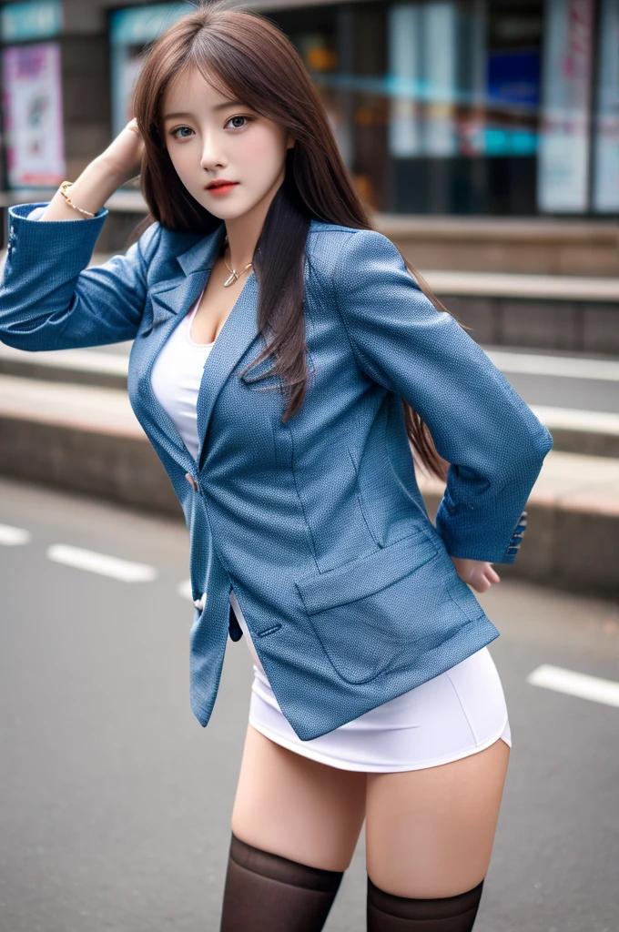 a 22 year old face of the most beautiful actress in the world, the perfect body proportions of a female, tight blazer is worn with formal shirt on female upper body, detailed panties of female crotch between bare legs under short skirt, both hands are put off female crotch, standing, at the city street, nsfw, best quality, highly detailed, masterpiece, ultra high res, photo realistic, 8k