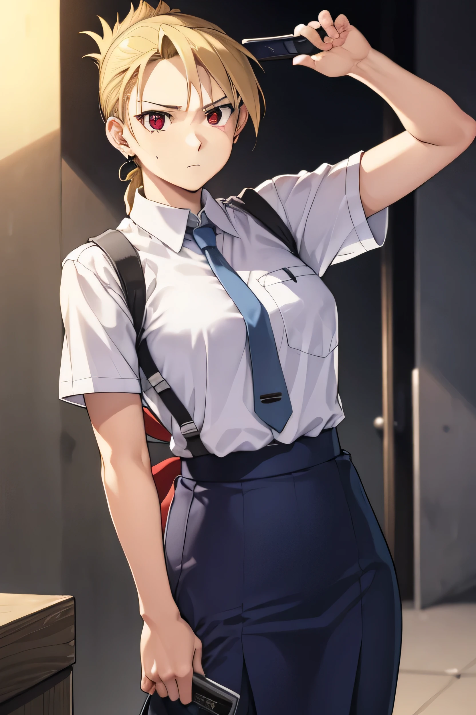 It will happen to you, Riza Hawkeye, Blonde, (Iris:1.5), Folded ponytail, Breaking shirt, Short sleeve, Earrings, pants, uniform, score_9、score_8_up、score_7_up、score_6_up、Source Anime、Pause、 1 woman、solo、policewoman、White Shirt、Pencil Skirt、cell phone、Long Hair、Black Hair、Braid、Red Eye、riding a bicycle、 