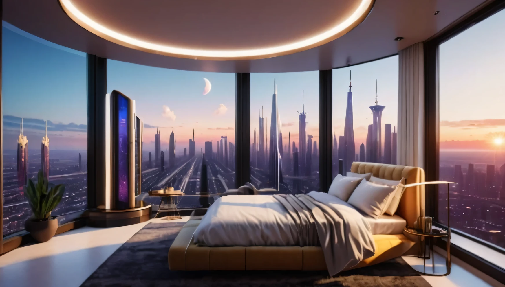 interior design of a sci high-tech bedroom with one glass wall looking out on a high tech highrise city,Inside the penthouse apartment, There is a hidden light strip under the suspended bed, Desk and outside window ,Highly realistic alien planet,one glass wall looking out on a high tech highrise city, minimalist interior design, white walls and floors, Unreal Engine, desert, double small moon, Sunset, fantasy concept art, high tech, Futuristic,