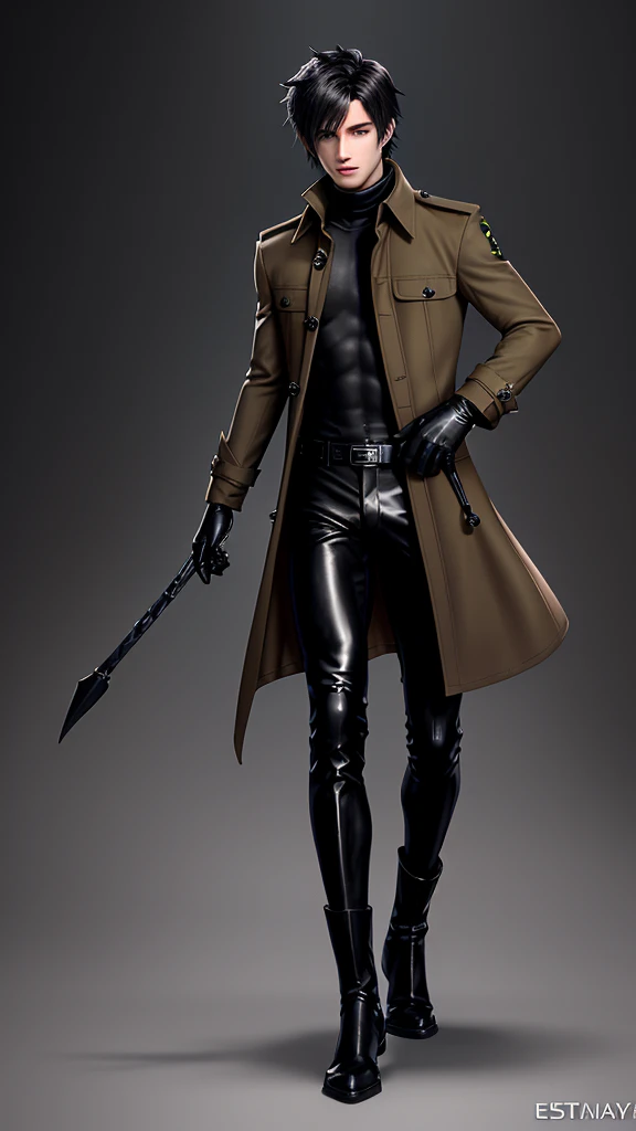 Final fantasy taste and reality graphics, Japanese young cute and cool ikemen  boy, his age is early 20s, thin eyebrows and beady eyes,  he wearing right brown color trench coat, with epaulet, , trench coat is belt on the waist, neck collar is black fur,  also wearing black thick turtleneck lackluster shirts,  tight black leather pants, shiny black leather tight and thin glove, black leather knee-high raceup boots,must views  head-to-toe,must views whole body, boy looks like fashion model,Do not show skin from the neck down,leather jacket leather glove and leather pants have few wrinkles,boy in the room,