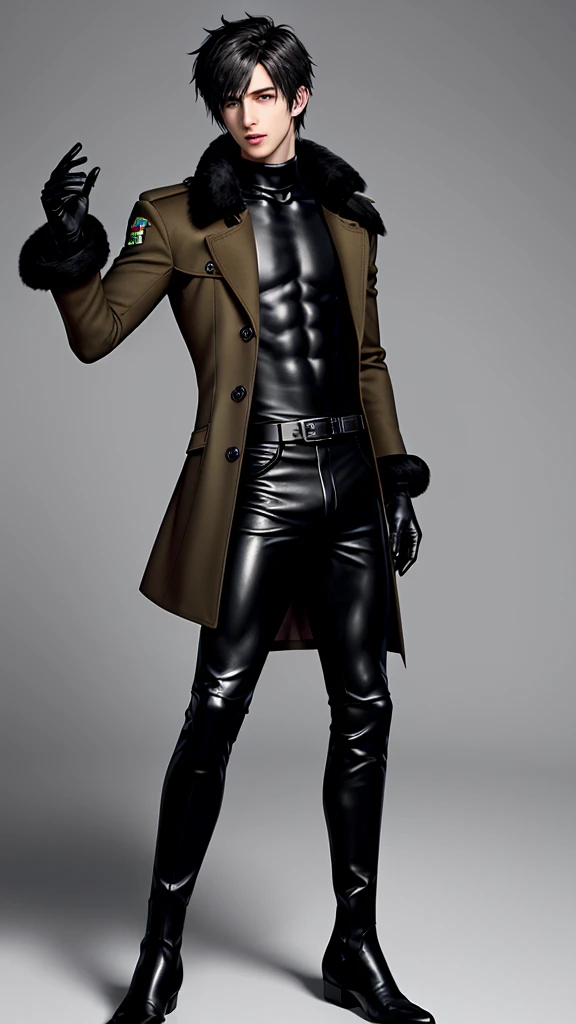 Final fantasy taste and reality graphics, Japanese young cute and cool ikemen  boy, his age is early 20s, thin eyebrows and beady eyes,  he wearing right brown color trench coat, with epaulet, , trench coat is belt on the waist, neck collar is black fur,  also wearing black thick turtleneck lackluster shirts,  tight black leather pants, shiny black leather tight and thin glove, black leather knee-high raceup boots,must views  head-to-toe,must views whole body, boy looks like fashion model,Do not show skin from the neck down,leather jacket leather glove and leather pants have few wrinkles,boy in the room,