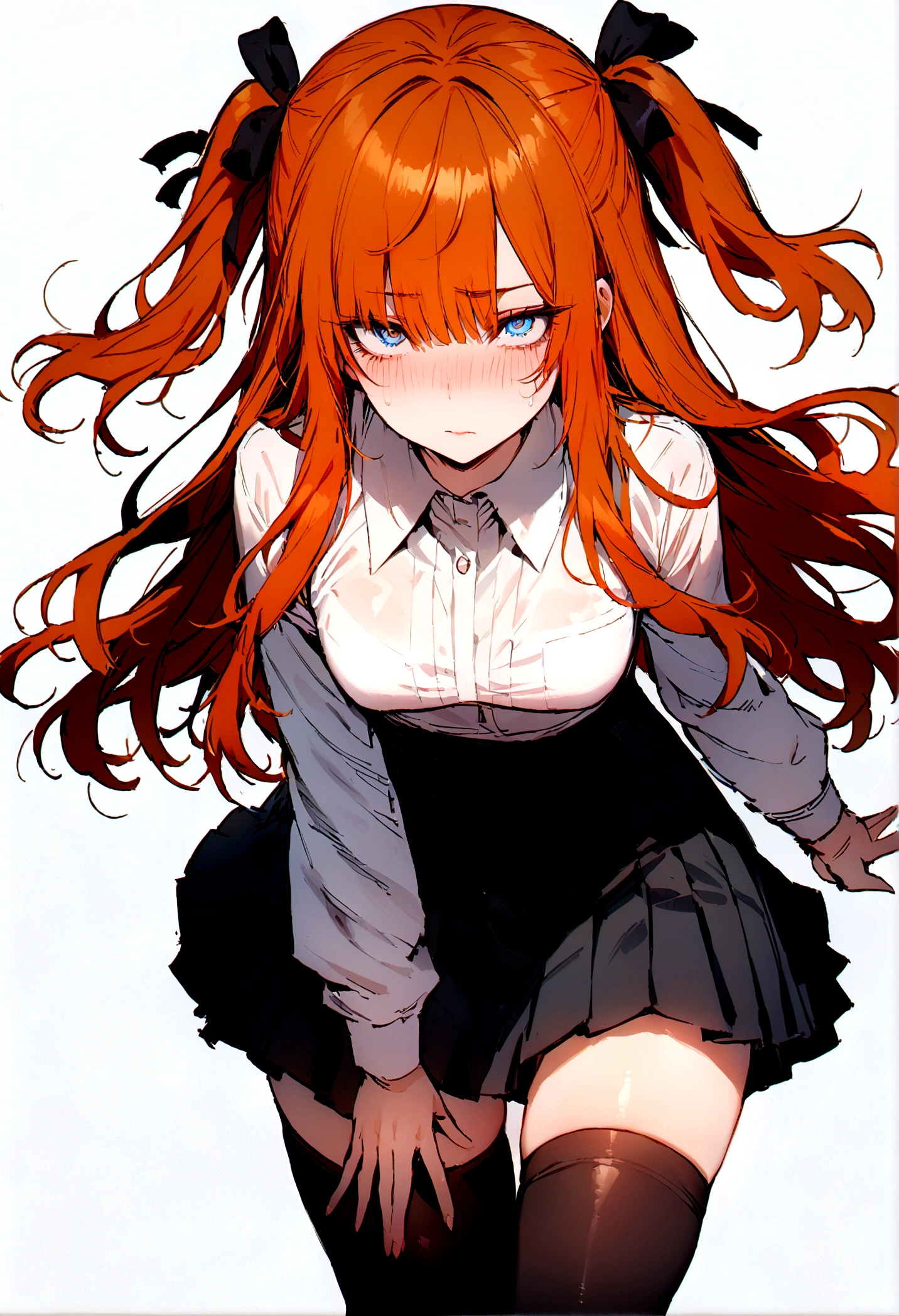 (masterpiece), best quality, expressive eyes, perfect face, 1girl, solo, blue eyes, dark orange Hair, Loose hair, hair ribbon, long hair, black ribbon, sidelocks, bangs two side up, black skirt, black thigh-highs, long sleeves, miniskirt, pleated skirt, white blouse, tigh-highs,  full body, looking at viewer,