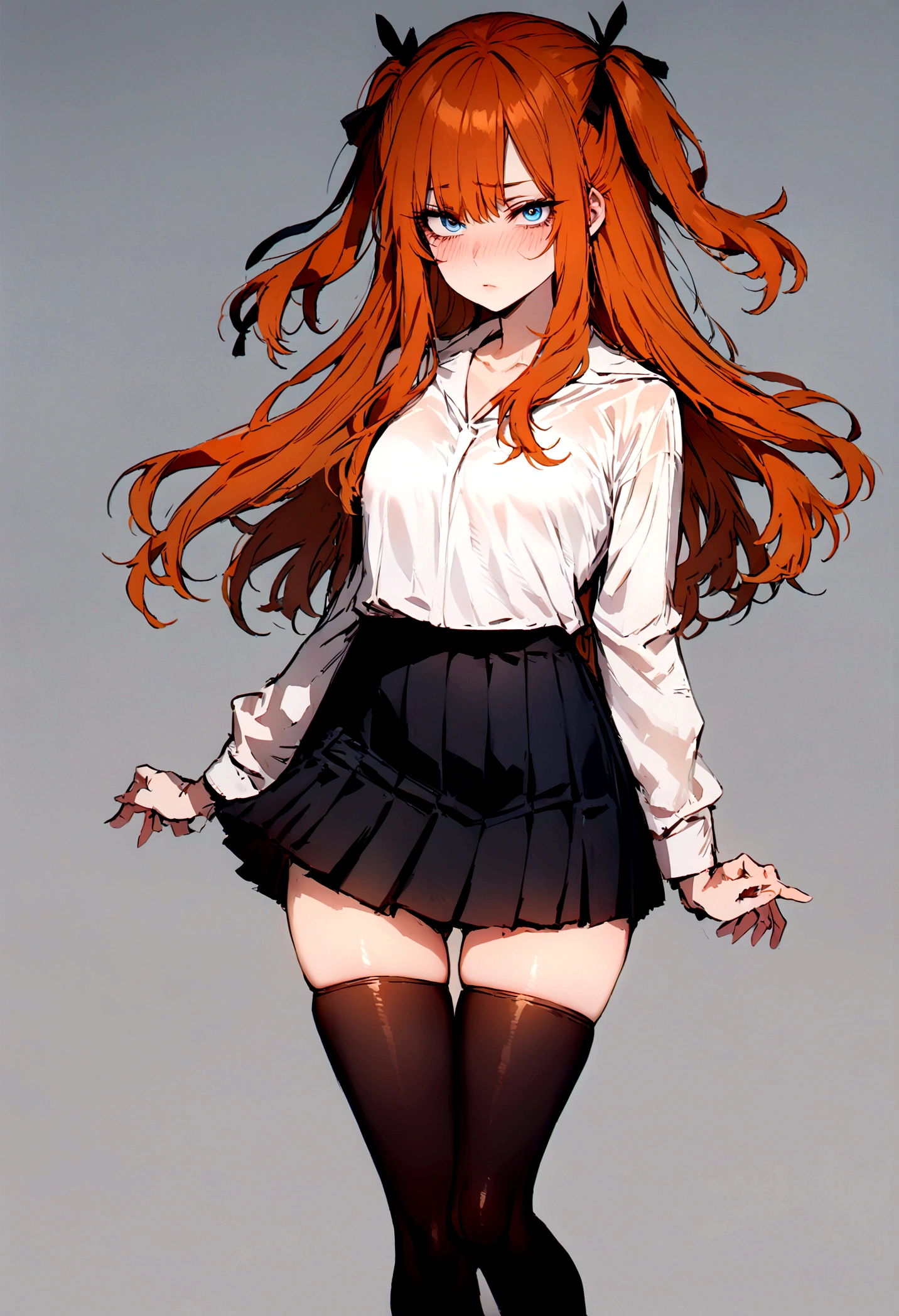 (masterpiece), best quality, expressive eyes, perfect face, 1girl, solo, blue eyes, dark orange Hair, Loose hair, hair ribbon, long hair, black ribbon, sidelocks, bangs two side up, black skirt, black thigh-highs, long sleeves, miniskirt, pleated skirt, white blouse, tigh-highs,  full body, looking at viewer,