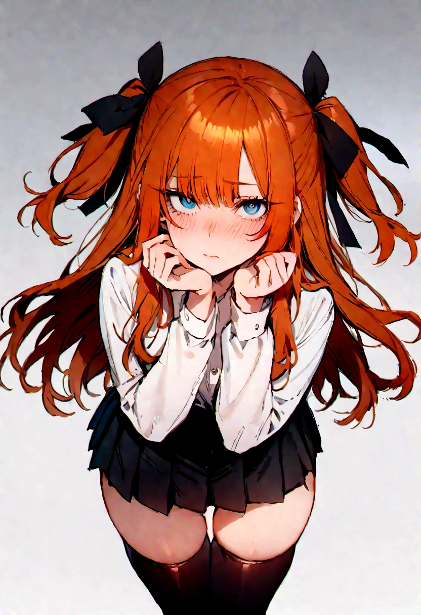 (masterpiece), best quality, expressive eyes, perfect face, 1girl, solo, blue eyes, dark orange Hair, Loose hair, hair ribbon, long hair, black ribbon, sidelocks, bangs two side up, black skirt, black thigh-highs, long sleeves, miniskirt, pleated skirt, white blouse, tigh-highs, full body, looking at viewer,