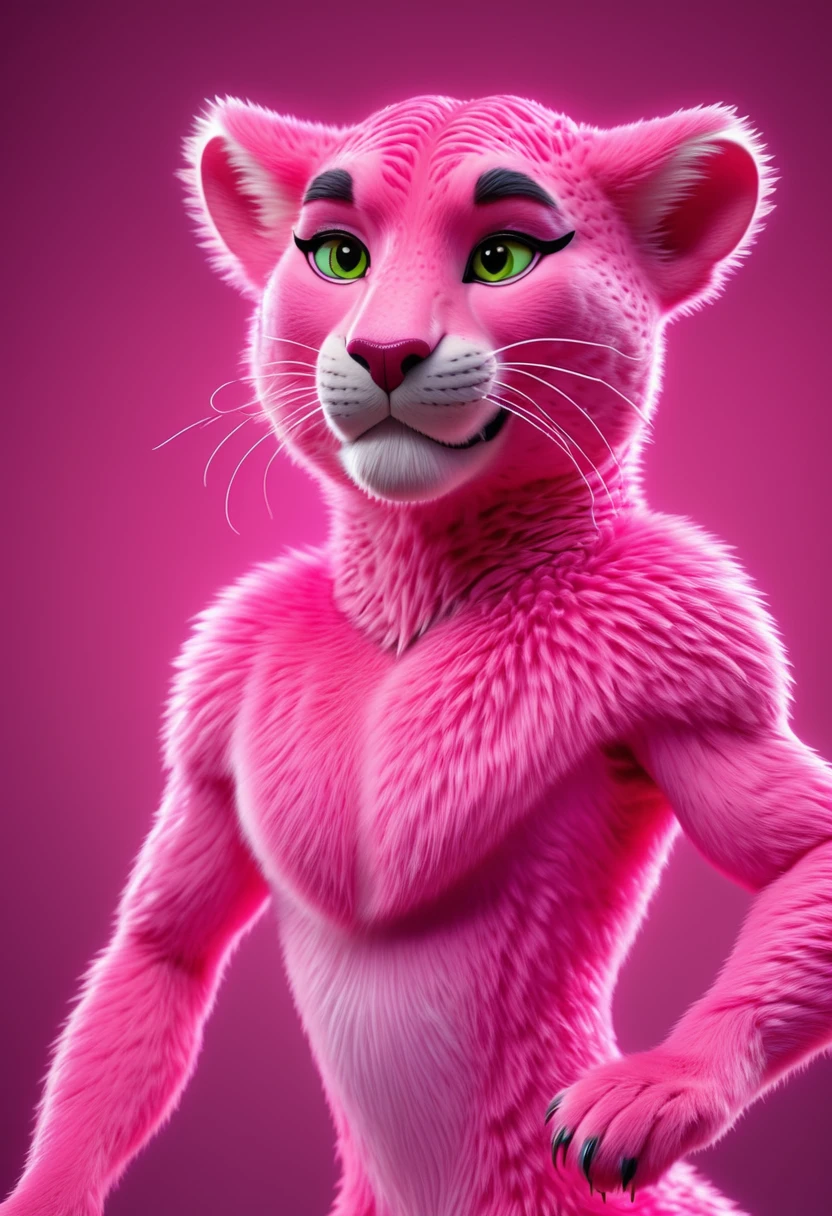 cartoon pink panther adult, with very thin, realistic and beautiful fur, with unusual, fun poses, 8k, detailed neon