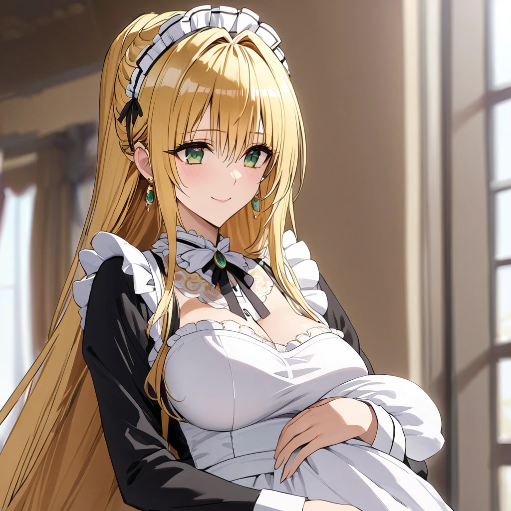 The luxurious and high-class Victorian maid outfit is evenly decorated with gorgeous gold embroidery and edging, and the blouse, apron, and headband also have gorgeous gold embroidery and edging.、((Highest quality)), ((masterpiece)), (detailed), (Perfect Face)、The woman is Tierre, with green eyes, medium-long blonde hair, a Victorian maid outfit and maid headband, jeweled earrings, and an engagement ring.、The woman is smiling fondly in a luxurious room、The Victorian maid uniform is a calm, old-fashioned type with long sleeves and a long skirt, decorated with luxurious gold embroidery and edging.、The woman holds her baby daughter in her arms