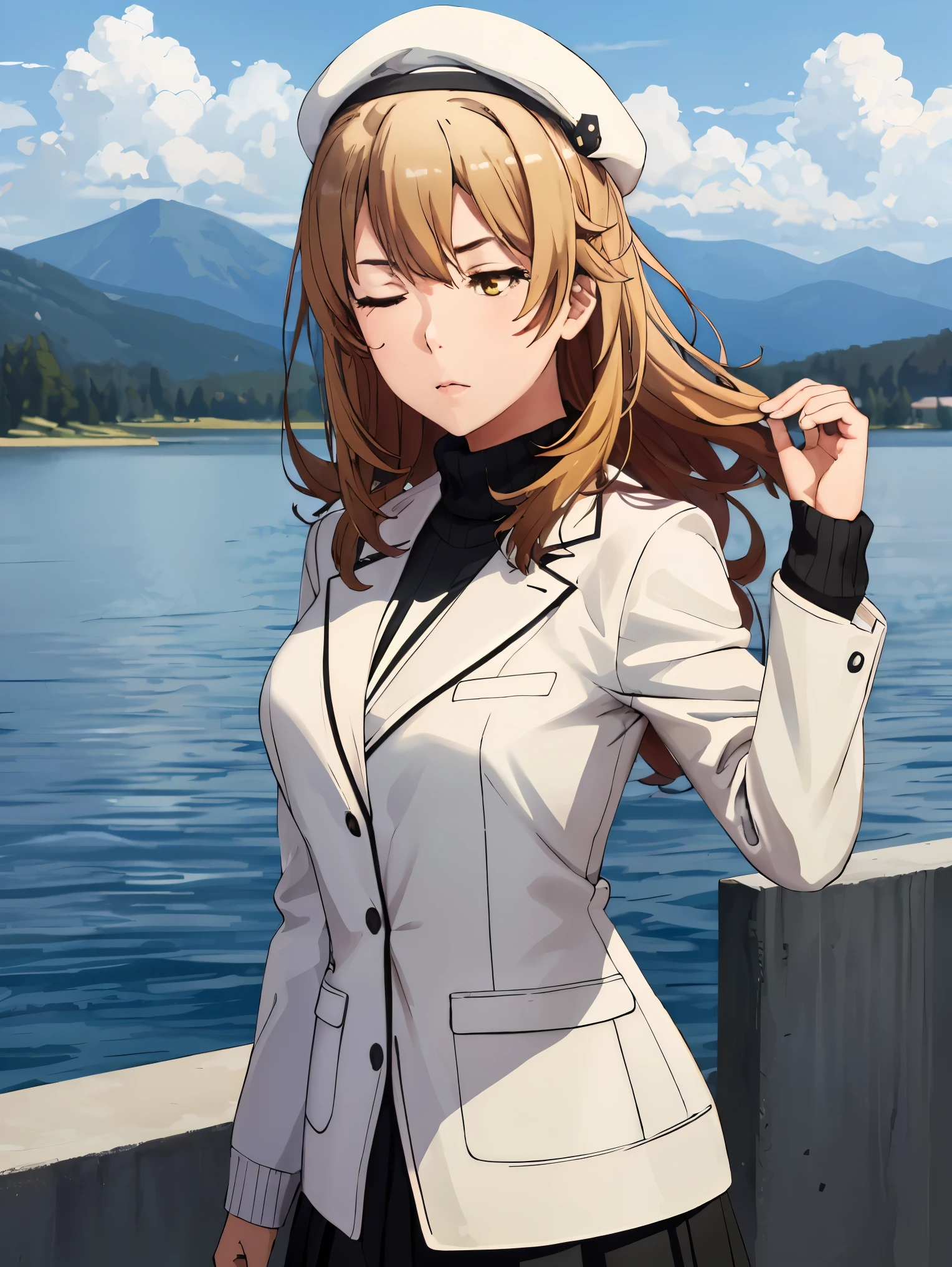 irohaisshiki, iroha isshiki, long hair, brown hair, (brown eyes:1.5), 
BREAK (white headwear, white jacket, black sweater, black skirt:1.2), 
BREAK fishnet, big breasts, mountain, lake, arm behind head, closed eyes, blue sky,
BREAK ((top quality, 8k, masterpiece: 1.3, ultra hd, high quality, best quality, high definition, realism)), sharp focus: 1.5, Beautiful woman with Slim body, (perfect hands, perfect anatomy),