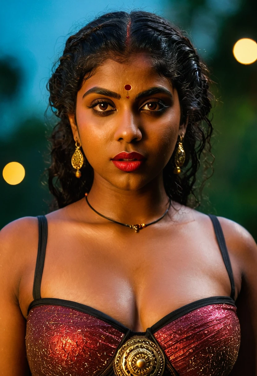 (((photo of a ancient kerala crowned temple goddess ))), (((black kali))) , (((Half Body))), (((very dark skin))), (((age 18+))), (((plus size chubby tall))), (((huge busty milky wet big massive boobs))), (((nude thick thigh))), (((ancient black mini skirt))), ((black skin dark body)), (((red ornaments))), (((depth of field))), ((( flame bokeh))), (((rain))), ((( flashing light leaks))), (((divine))), photorealistic,photo, realism, Getty Images, RAW candid cinema, 16mm, colour graded portra 400 film, remarkable colour, ultra realistic, textured skin, remarkable detailed pupils, realistic dull skin noise, visible skin detail, skin fuzz, dry skin, shot with cinematic,light leaks, RAW Image, DOF, depth of field,bokeh,mylocalgirl