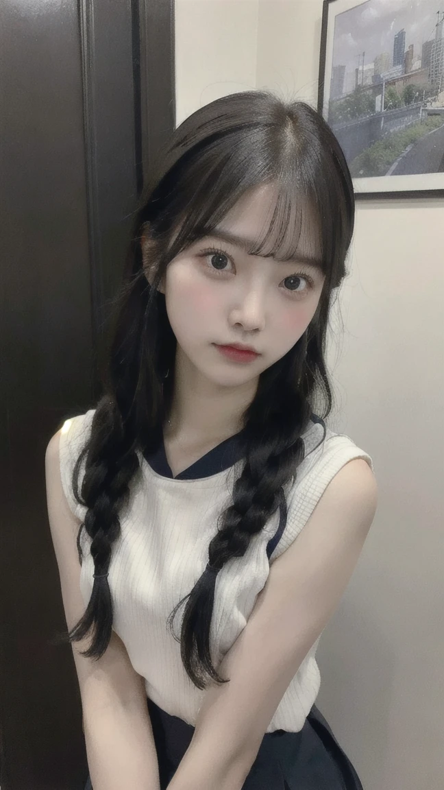 Portrait of a young East Asian girl in a navy blue and white sailor-style . She has long black hair styled in two braids, with straight bangs across her forehead. The girl has large, dark eyes and a small, delicate nose. Her expression is neutral, looking directly at the camera. The background shows a dark blue wooden wall with some green ivy or vine leaves visible to the side. The lighting is soft and natural, creating a slightly moody atmosphere. High-resolution image with sharp focus on the face