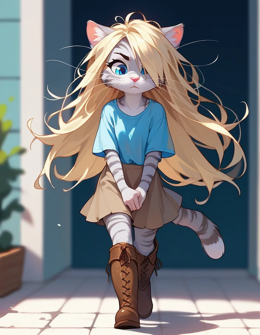 Solo, score_9,score_8_up,score_7_up, source_cartoon, kat, Anthro furry feline, female, short slender body, long blonde hair, long messy hair, hair covering one eye, pink nose, blue eyes, white whiskers, silver fur, grey stripes, furry body, short, young, about 6 , wearing ruffled blue blouse, brown skirt, looking down, furrowed eyebrows, brown boots, nighttime, walking, hands tied together,