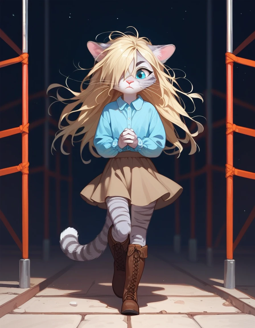 Solo, score_9,score_8_up,score_7_up, source_cartoon, kat, Anthro furry feline, female, short slender body, long blonde hair, long messy hair, hair covering one eye, pink nose, blue eyes, white whiskers, silver fur, grey stripes, furry body, short, young, about 6 , wearing ruffled blue blouse, brown skirt, looking down, furrowed eyebrows, brown boots, nighttime, walking, hands tied together,