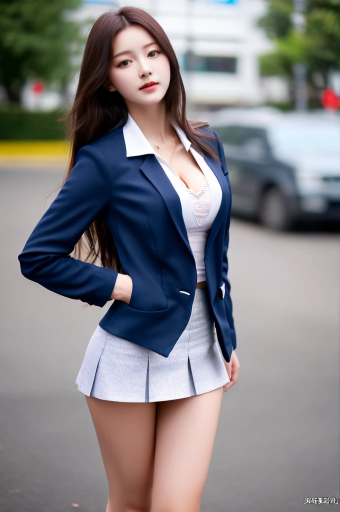 a 17 year old girl, she is the most beautiful actress in the world, the perfect body proportions of this girl, the tightly closed blazer on her large breasts which is clothed with the formal shirt, her crotch area of the panties are hardly hidden by the short skirt, her bare legs, it's just the front of her body, it's just one description, the lower than her shins are out of space, she is standing straight at the street, nsfw, best quality, highly detailed, masterpiece, ultra high res, photo realistic, 8k, RAW photo