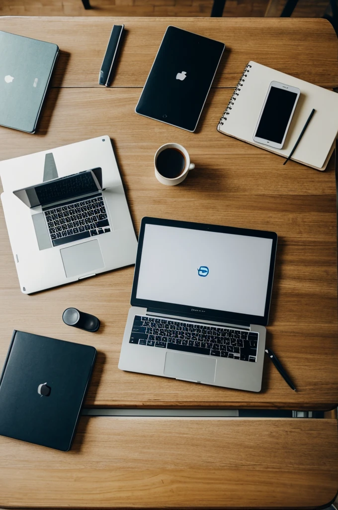 A table with a laptop and a notebook and the photo is from above a horizontal photo
