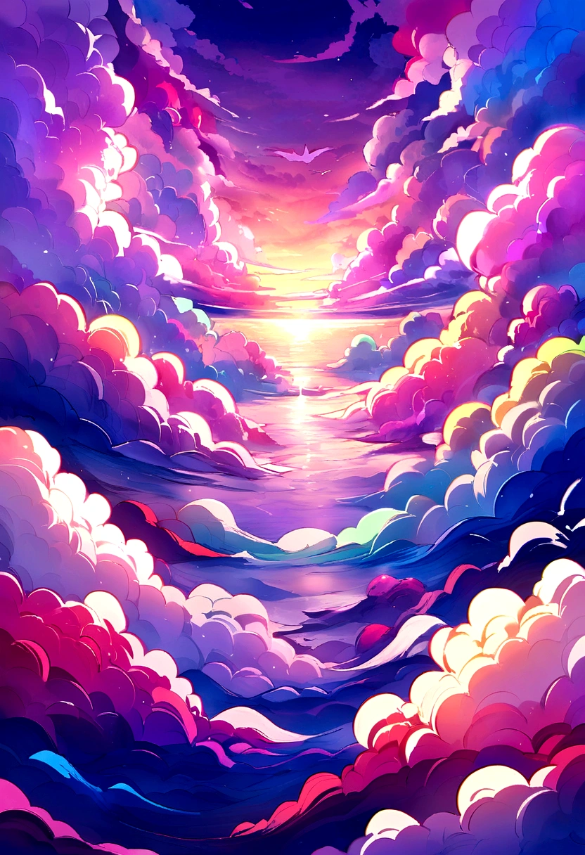 Colorful whale，Colorful clouds，Pink purple sea