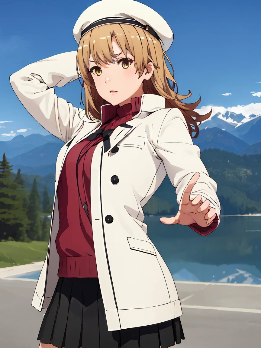 irohaisshiki, iroha isshiki, long hair, brown hair, (brown eyes:1.5),
BREAK (white headwear, white jacket, black sweater, black skirt:1.2),
BREAK fishnet, big breasts, mountain, lake, arm behind head, blue sky,
BREAK ((top quality, 8k, masterpiece: 1.3, ultra hd, high quality, best quality, high definition, realism)), sharp focus: 1.5, Beautiful woman with Slim body, (perfect hands, perfect anatomy),