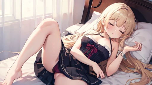 floor、mini skirt,Clothes with intricate details,Bright,Swimsuit,one person,blond,Sexy、Deep sleep、long hair、Stockings
