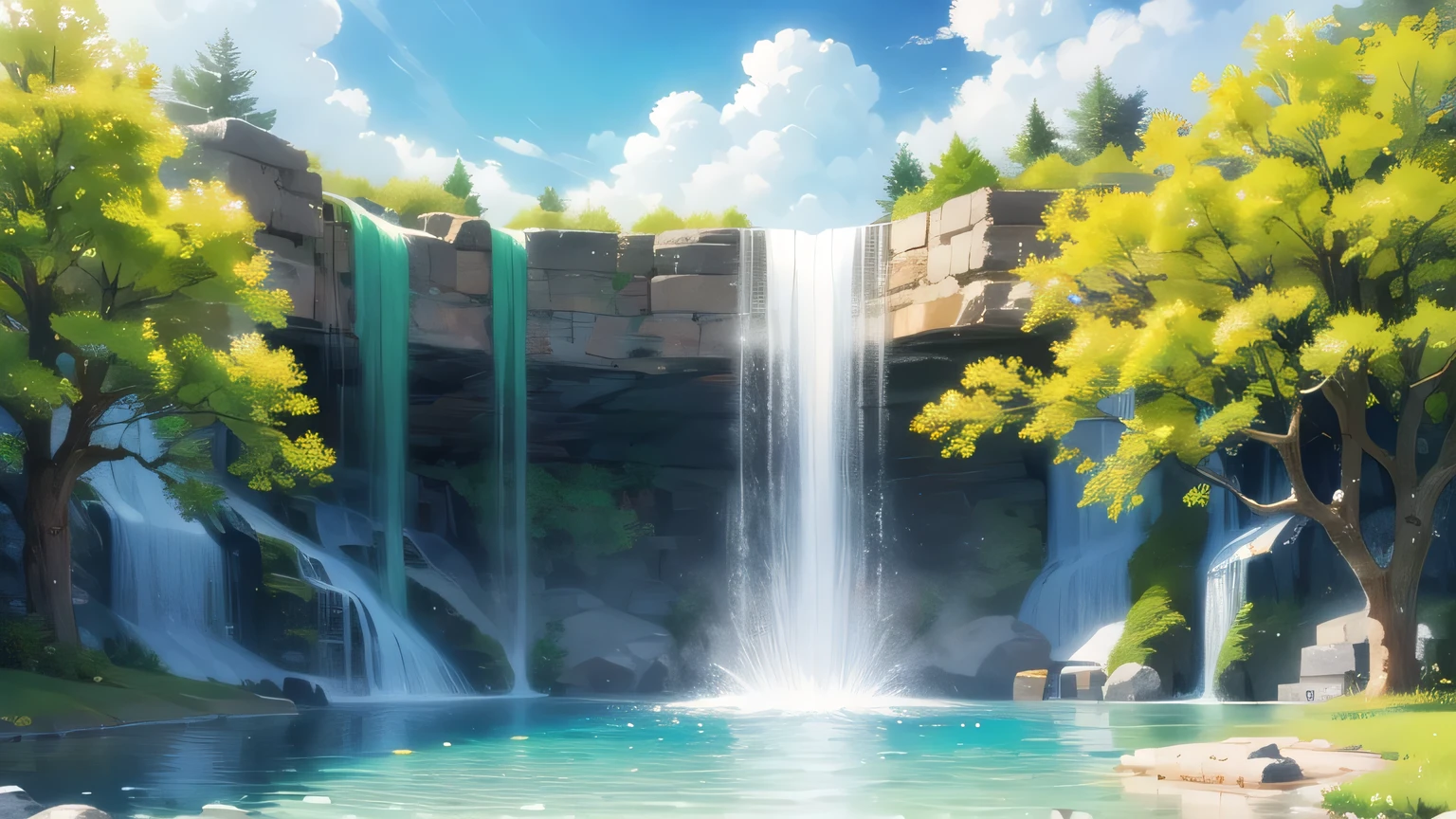 peaceful spring, sunny weather, falling waterfall, bush