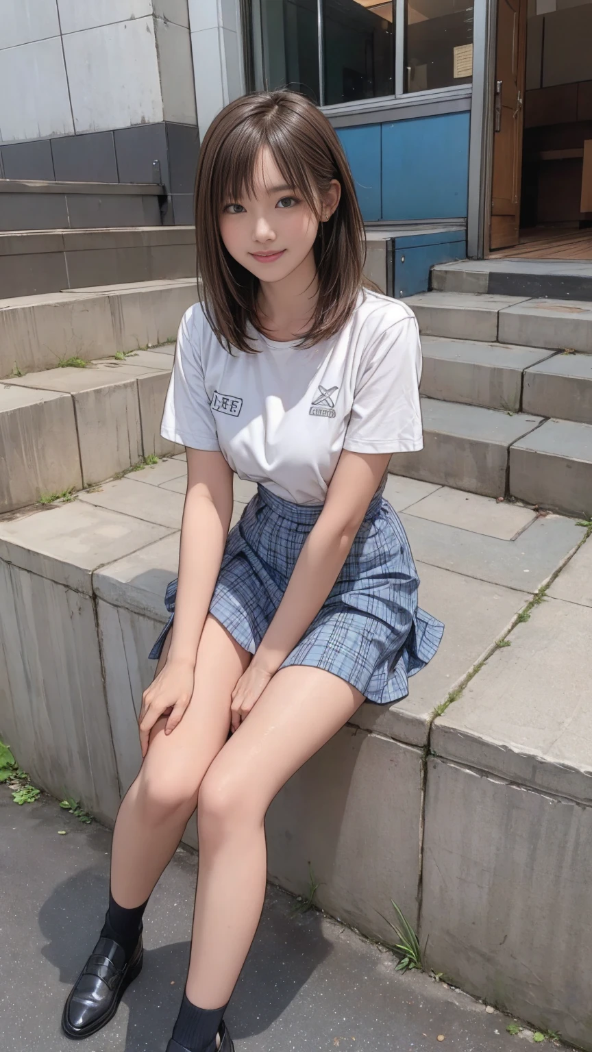 ((masterpiece)),(((Highest quality))),Thin thighs,Long legs,An 18-year-old high school girl standing on the school steps,White shirt,Blue and white plaid mini skirt:1.5,The best smile,Short bob with side waves:1.5,wear black loafers,Facing the front and spreading legs:1.5,