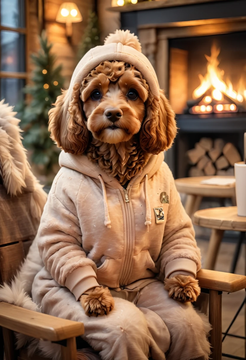 A cute brown Cavapoodle with fluffy fur wearing an urban outfit, one hoodie, and a trendy beanie, sitting comfortably on a rustic wooden chair in a cozy, warmly lit café with a fireplace in the background. The scene is indoors, intimate, and cozy. Adorable Digital Painting, 3D rendered, soft lighting, warm colors, inside and comfortable