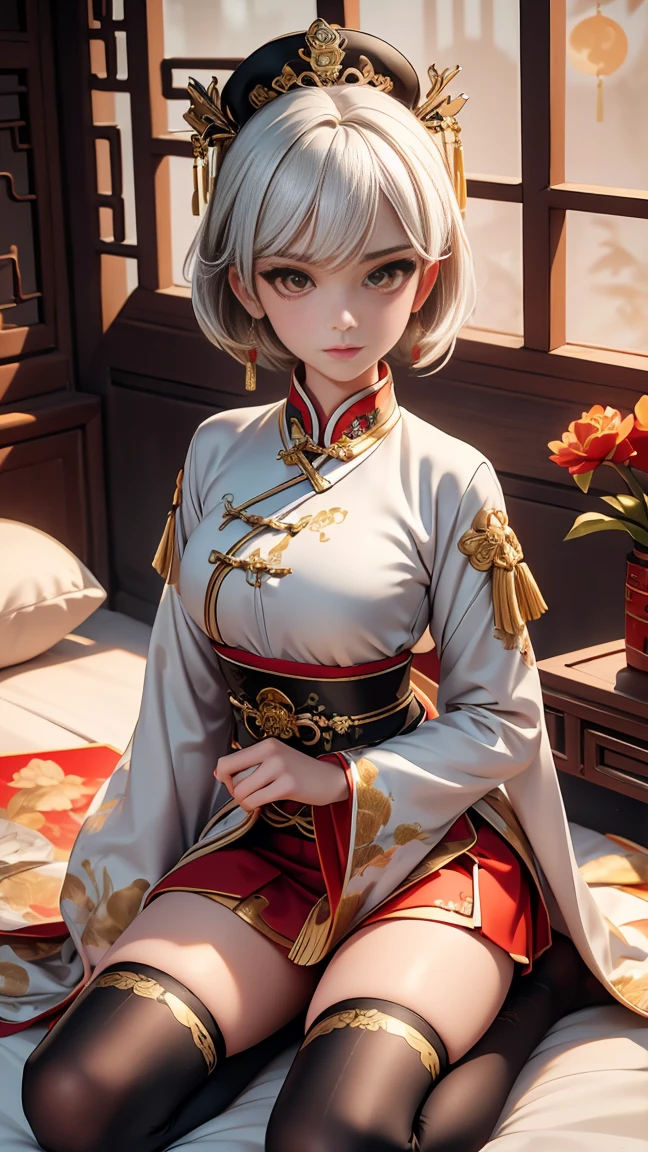 A very beautiful 19-year-old woman, (white hair:0,5), bob haircut, short hair, (yellow eyes:0.5) bright golden eyes, red nails, young beautiful face, muscular, slim but well-proportioned body, perfect white skin, highly detailed drawing, realistic face. (((Wearing traditional Chinese imperial clothes black With gold details:0,8))) ((red skirt with contour golden,)) (with red Hanafuda earrings,) (garterbelt black thigh-high socks.) Kneeling on a white bed in an ancient Chinese room, with a full moon and stars visible through the window, with light flashes reflecting on her body. 4k anime art, perfect lighting.