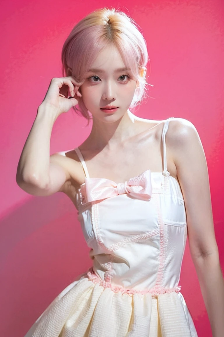 21yo girl, beautiful dress, pink background, short hair