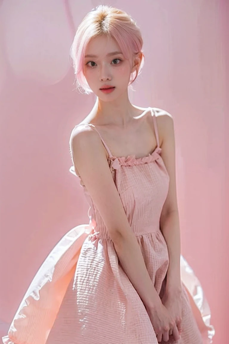 21yo girl, beautiful dress, pink background, short hair