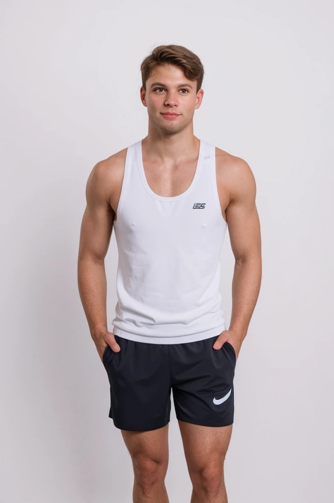 Wear a vest、Photo of man in shorts and sneakers, White background,The figure is very thin
