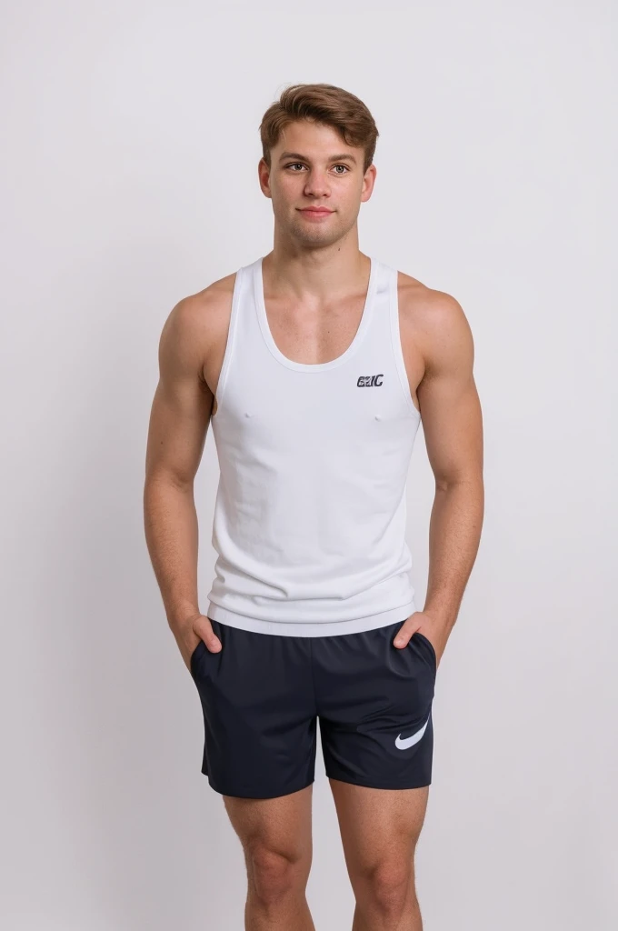 Wear a vest、Photo of man in shorts and sneakers, White background，The figure is very thin