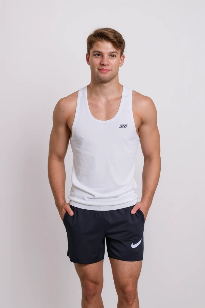 Wear a vest、Photo of man in shorts and sneakers, White background，The figure is very thin
