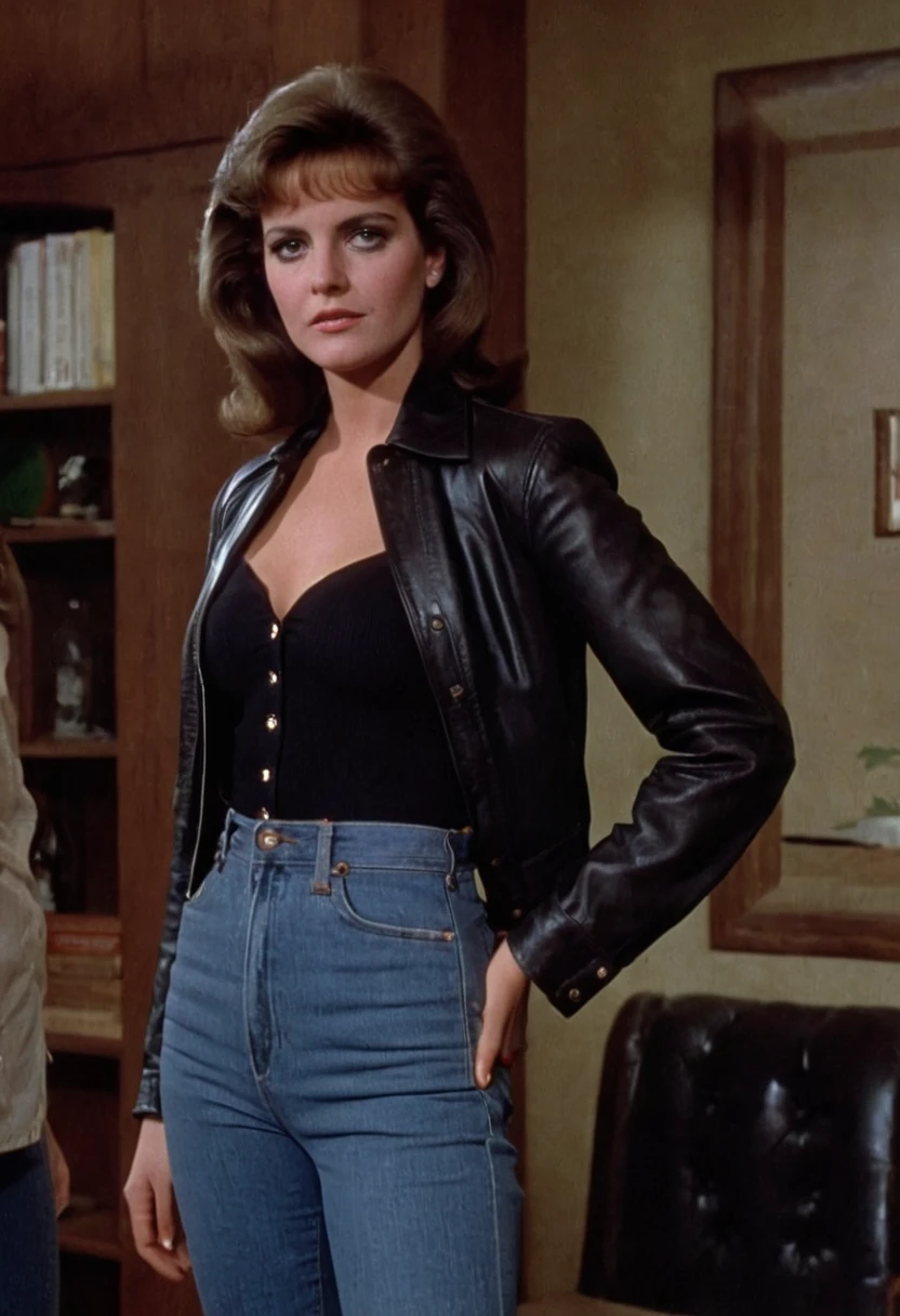 70s scene, film still of a shy and vulnerable woman, wearing long high waist jeans, leather jacket and blouse, em um campo verdejante