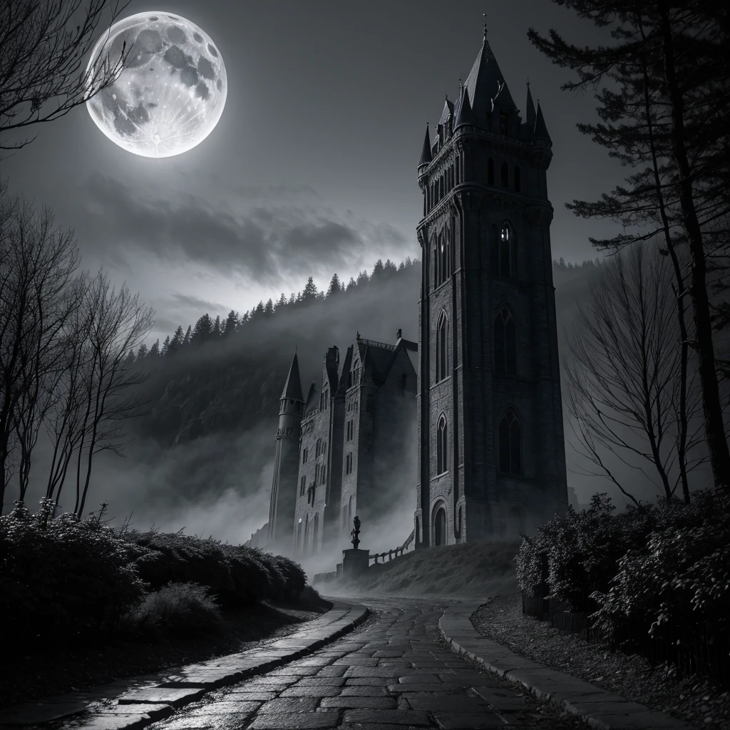 Main Scenario:
An ancient and massive castle, built with dark and imposing stones, is situated on top of a rugged mountain. The mountain is shrouded in thick fog, that stretches up to the starry night sky.
The full moon shines brightly in the sky, casting a bluish light over the castle and illuminating gothic details such as carved gargoyles on the towers and stained glass windows that appear to emit a faint, ghostly light.
Landscape Elements:
In front of the castle, a dense gloomy forest stretches. The trees are twisted and appear to have faces carved into their trunks., creating an atmosphere of restlessness.
among the trees, winding paths stretch into the darkness, suggesting hidden mysteries and unknown dangers.
Central Character:
En el centro de la imagen, An enigmatic, hooded figure stands in a moonlit clearing. The shadowy hood hides your face, leaving only his eyes visible, that shine with a reflection of silver light.
He wears a dark cloak adorned with intricate patterns., embroidered with silver threads that glow faintly in the darkness. In your hand, holds a staff carved with arcane symbols.
Atmospheric details:
A black crow, with feathers shining in the moonlight, is perched on a nearby branch. His eyes observe the scene with an almost human intensity., adding an element of foreboding and mystery.
Paleta de cores:
The color palette is dominated by dark gray tones, black deep, night blue and nuances of purple and green, creating a dark and magical atmosphere at the same time.