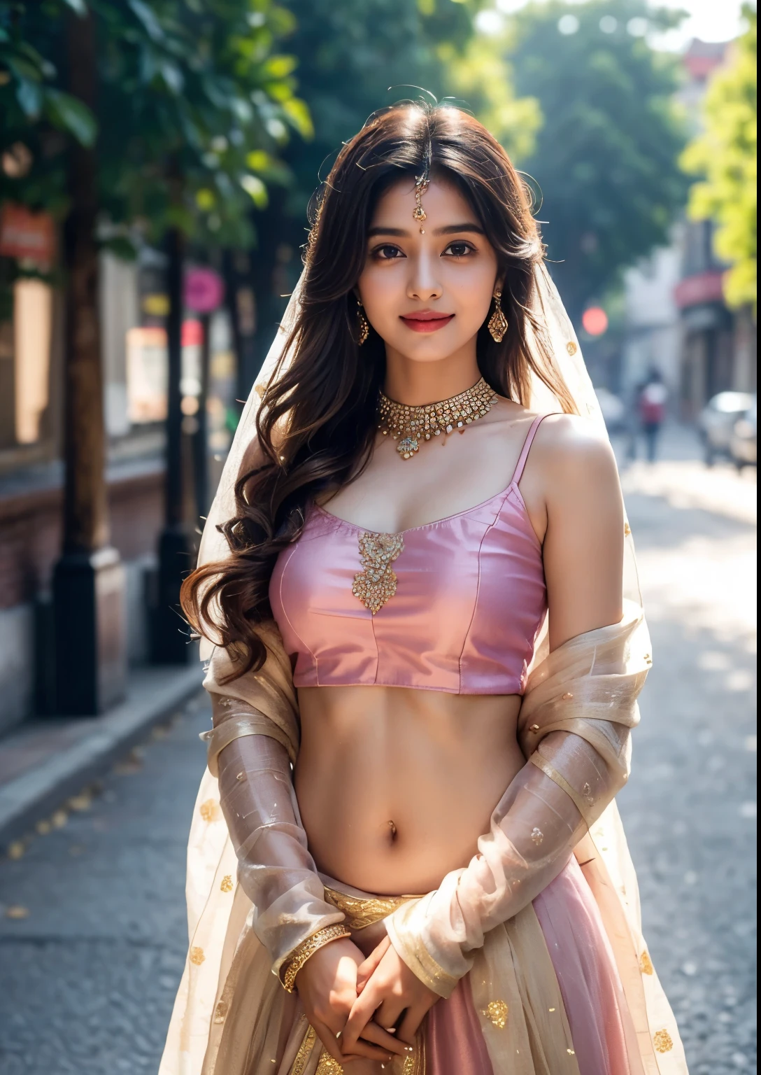 (((desi indian young girl))), 16 years girl, cute and pretty face, natural skin, wearing hot deep neck pink top and dupatta, charming black hair, ((hair ends are blonde)), city streets background,(wearing simple jewellery), round Young Breast, Pretty cute Navel, soft ovel navel, Slender girl, bright light, long_hair, Bokeh, indian ,tree branch, colourfull,princess dress((choli:1.2,dupatta:1.2,short:1.2), smile, pretty, cute, 4k, 8k, CG unity 8k wallpaper, depth of field, ray tracing, perfect figure, sweet round breasts, romantic Eyes, Romantic smile, Romantic Standing Angle,
