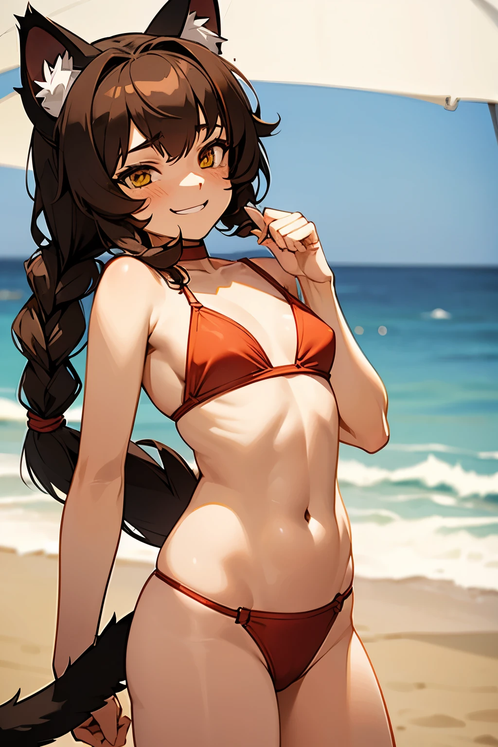 ....... , smile Cat girl ( cat ears, shaggy medium length brown hair with one 1 short braid, brown cat tail, yellow eyes, , )))................. Horny lusty slutty .... With guy (,average build , short chestnut hair).... Red swimsuit on the beach