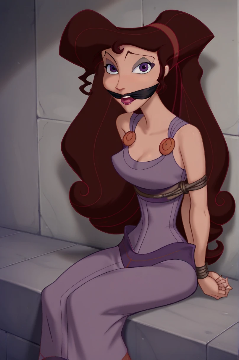 score_9,score_8_up,score_7_up,score_6_up, source_cartoon, BREAK, 1girl, disney, megara, brown hair, purple eyes, purple dress, tied up with gray rope, arms to her sides, OTM gagged, sitting on her knees, looking at viewer